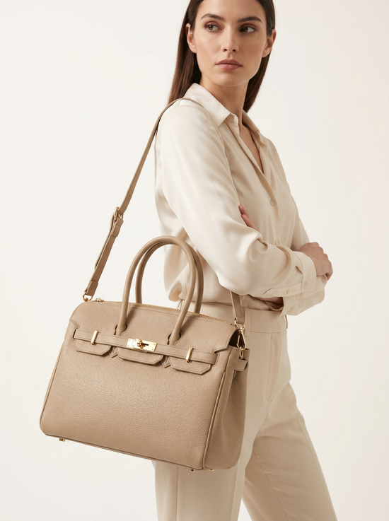Taupefarbene Leder-Handtasche für Damen als Schultertasche am Modell getragen.