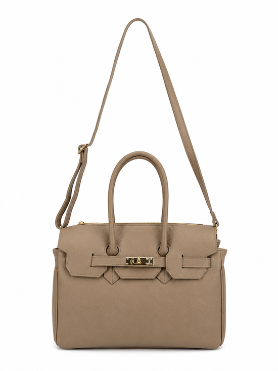 Taupefarbene Leder-Handtasche für Damen mit langem Schultergurt in Frontansicht.