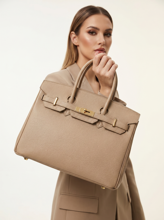 Taupefarbene Damen-Lederhandtasche am Henkel getragen, mit goldfarbenem Verschluss.