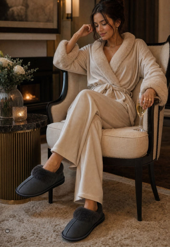 Damen-Lammfell-Hausschuhe in Anthrazit, getragen im Sitzen zu einem hellen Loungewear-Outfit.