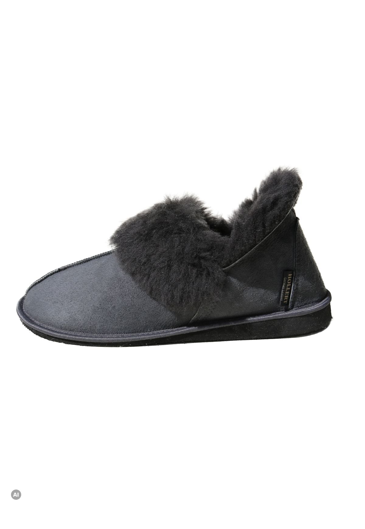 Damen-Lammfell-Hausschuhe in Anthrazit als Seitenansicht mit Fellkragen und Veloursleder.