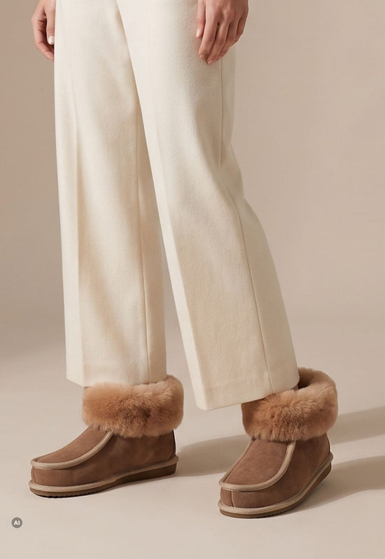 Beige Lammfell-Hausschuhe mit Fellkragen an den Füßen eines Modells in heller Hose.