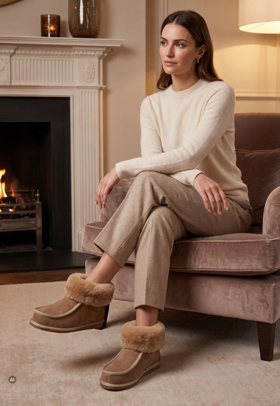 Beige Lammfell-Hausschuhe mit Fellkragen an einer sitzenden Frau im Wohnzimmer am Kamin.