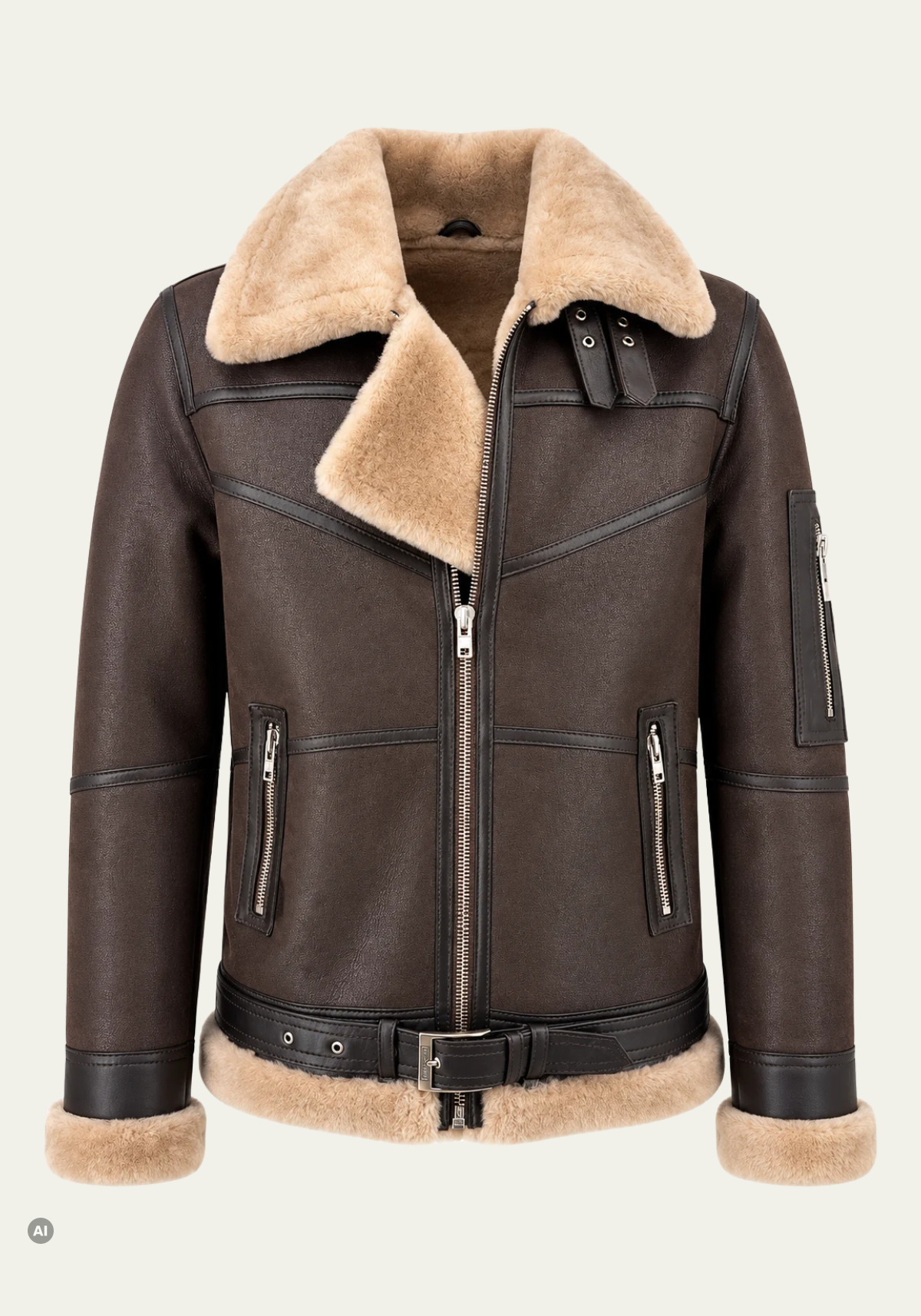 Herren-Lammfell-Fliegerjacke Dunkelbraun mit Gürtel