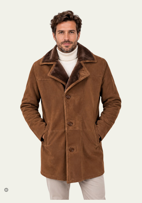 Herren-Lammfellkurzmantel Braun im klassischen Car-Coat-Stil