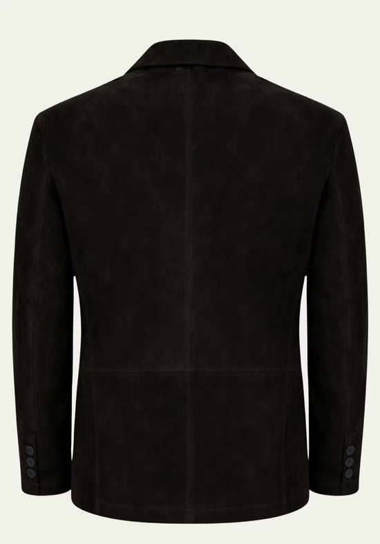 Herren-Lederjacke aus Veloursleder in Schwarz, Rückenansicht mit Knopfdetails am Ärmel.