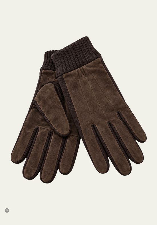 Herren-Velourslederhandschuhe S09 Braun mit Fleecefutter und Strickbündchen