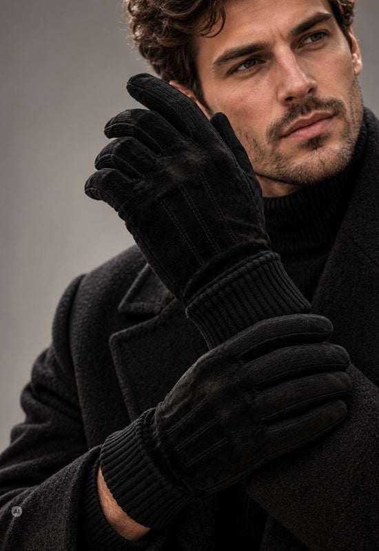 Herren-Velourslederhandschuhe S09 Schwarz mit Fleecefutter und Strickbündchen