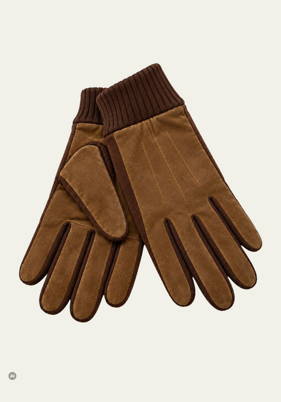 Herren-Velourslederhandschuhe S09 Tobacco mit Fleecefutter und Strickbündchen