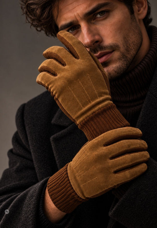 Herren-Velourslederhandschuhe S09 Tobacco mit Fleecefutter und Strickbündchen