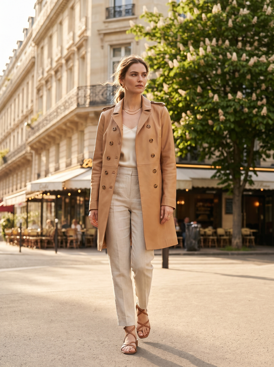 Damen Leder Trenchcoat Camelbraun