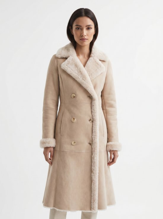 Damen Shearling Mantel in Beige