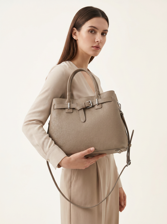 Elegante Echtleder-Handtasche Taupe mit Schulterriemen