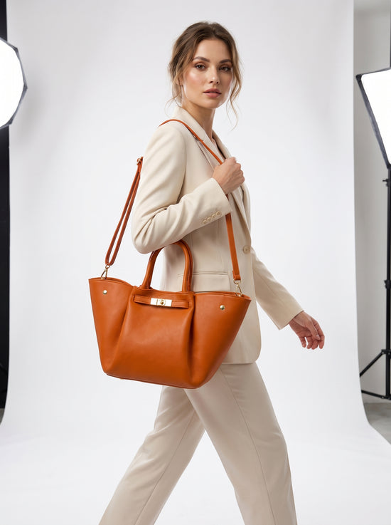 Luxus Damenhandtasche Echtleder Cognac Gold Edition