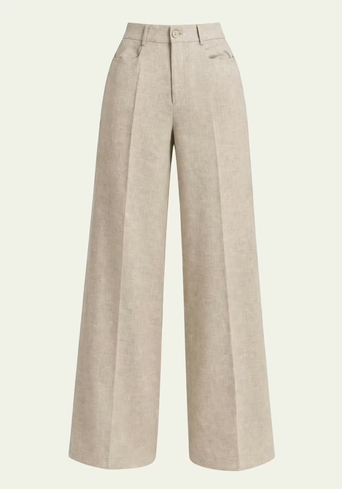 Beige Damenhose aus Leinen in Frontansicht mit weitem Bein und Bundfalten.