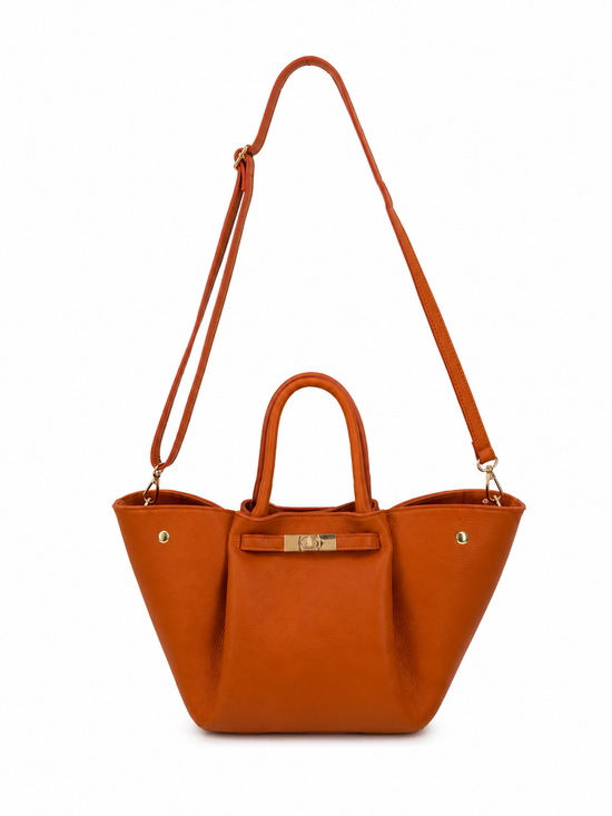 Luxus Damenhandtasche Echtleder Cognac Gold Edition