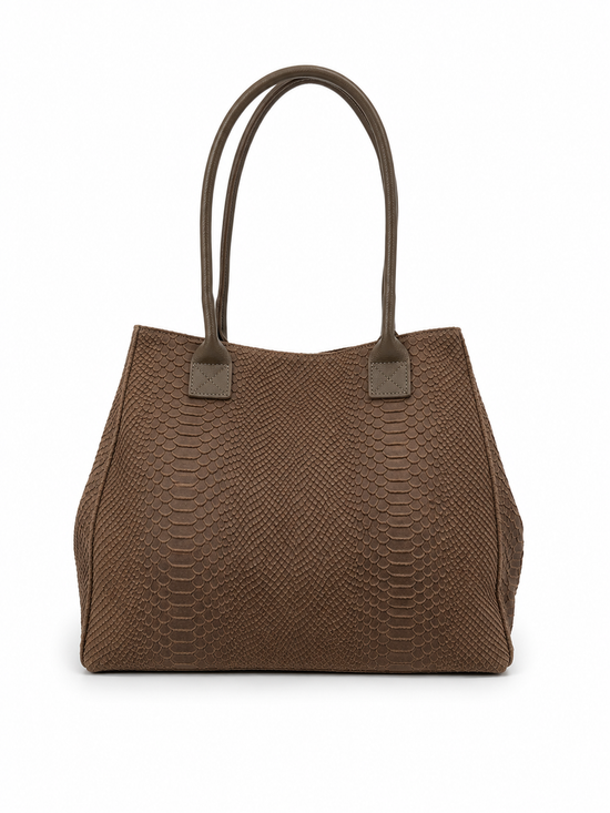 Damen Shopper aus Veloursleder mit Kroko-Prägung – Braun