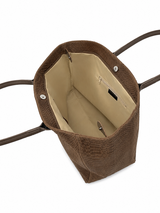 Damen Shopper aus Veloursleder mit Kroko-Prägung – Braun