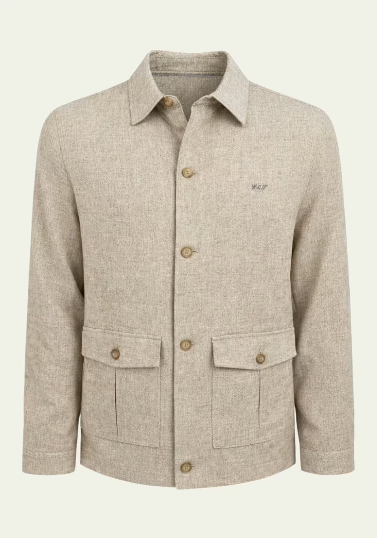Herren-Leinenjacke in Offwhite als Frontansicht mit Kragen, Knopfleiste und aufgesetzten Taschen