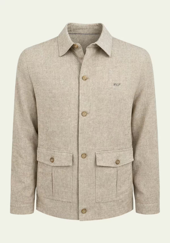 Herren-Leinenjacke in Offwhite als Frontansicht mit Kragen, Knopfleiste und aufgesetzten Taschen