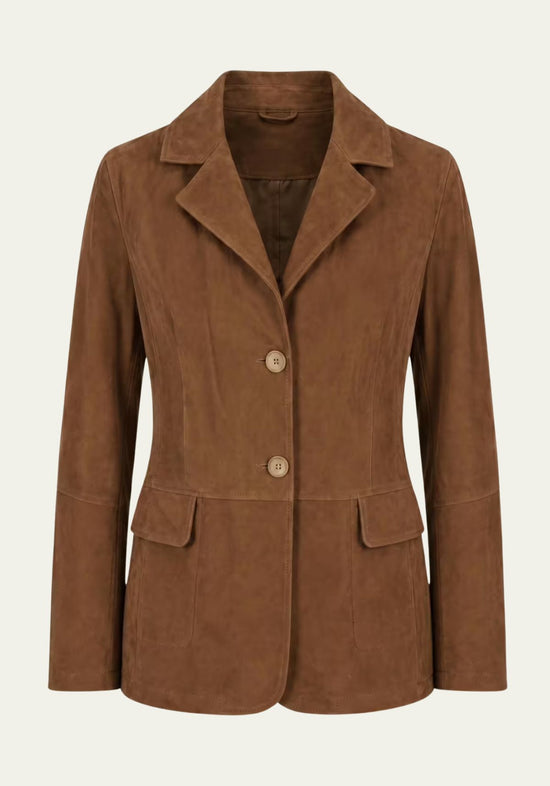 Damen-Jacke aus Veloursleder in Cognac, gerade von vorn freigestellt mit Knöpfen und Reverskragen.