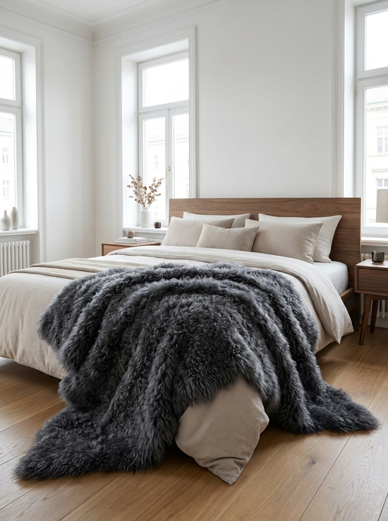 Dunkelgraue Lammfelldecke aus Lammfell locker über das Bett am Fußende gelegt.