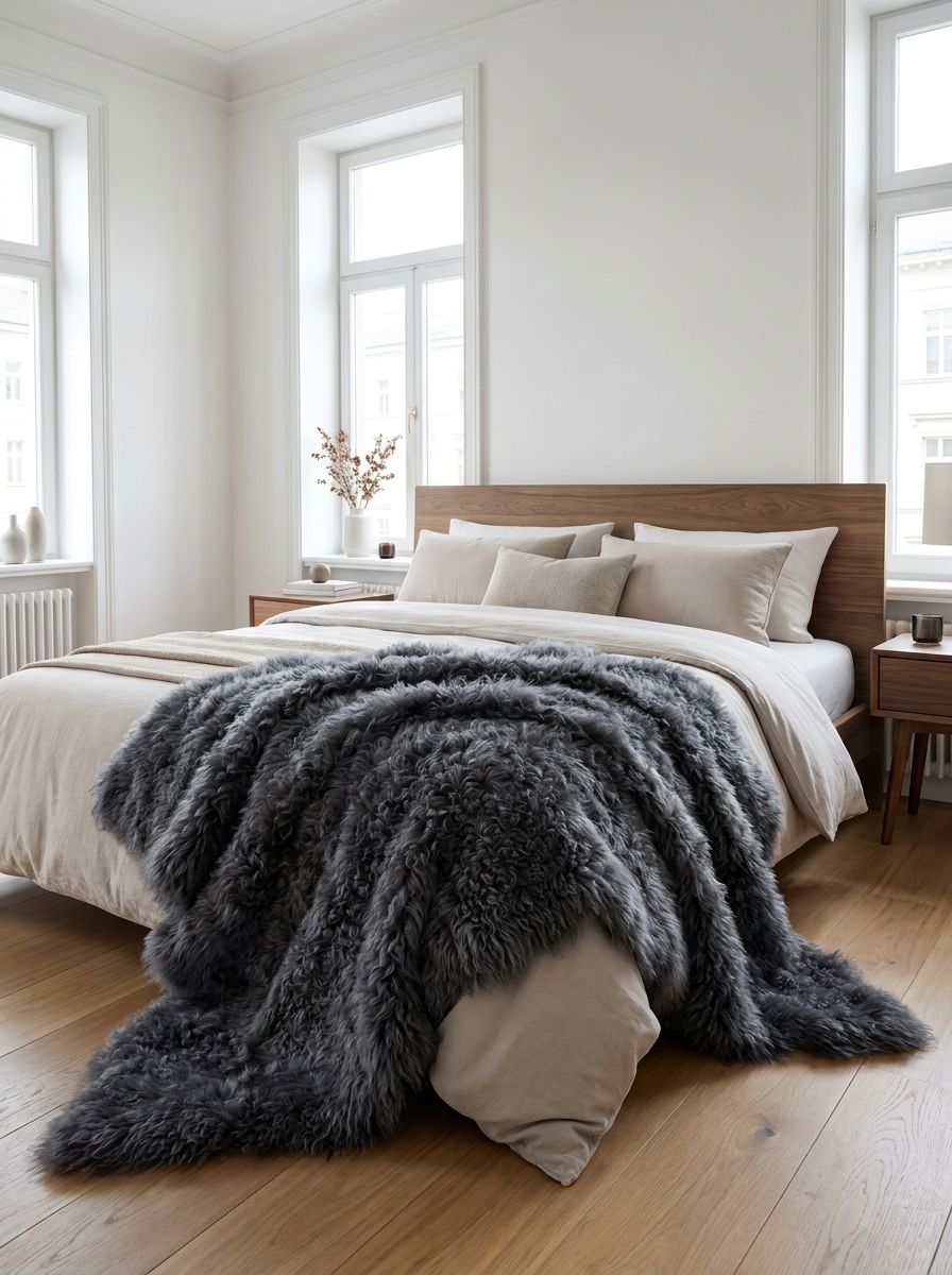 Dunkelgraue Lammfelldecke aus Lammfell locker über das Bett am Fußende gelegt.