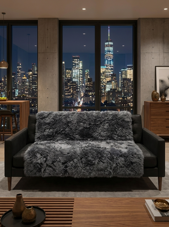 Dunkelgraue Lammfelldecke aus Lammfell auf einem schwarzen Sofa als Überwurf.