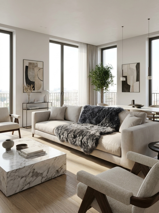 Dunkelgraue Lammfelldecke aus Lammfell als Überwurf auf dem hellen Sofa im Wohnzimmer.