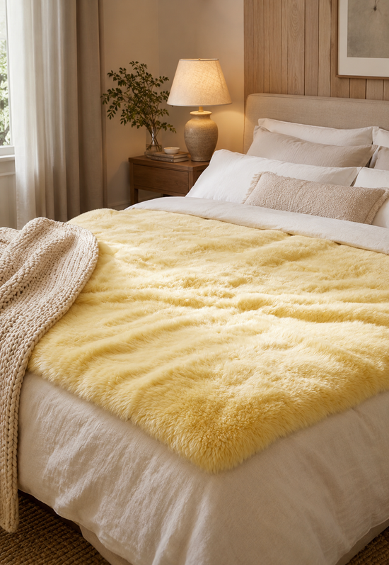 Lammfelldecke aus Lammfell in Gelb auf einem Bett in einer Schlafzimmeransicht.