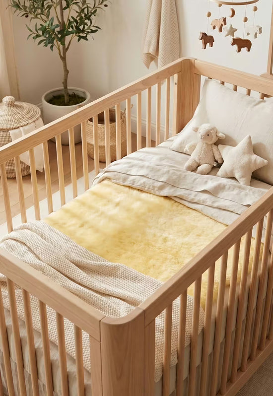 Lammfelldecke aus Lammfell in Gelb in einem Kinderbett mit Kuscheltier und Kissen.