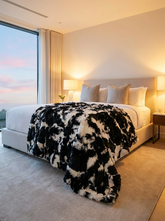 Lammfelldecke aus Lammfell in Schwarz-Weiß hängt über einem hellen Bett im Schlafzimmer.