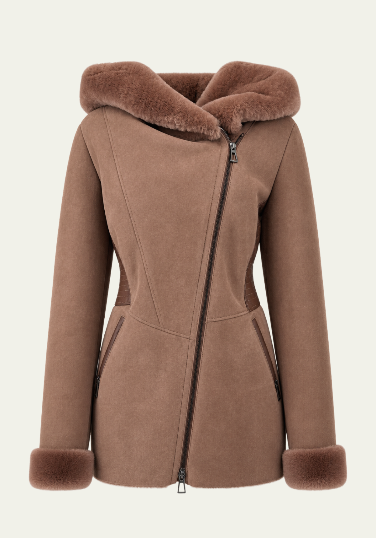 Lammfelljacke Beige mit Lammfellkragen und Manschetten, Vorderansicht ohne Modell