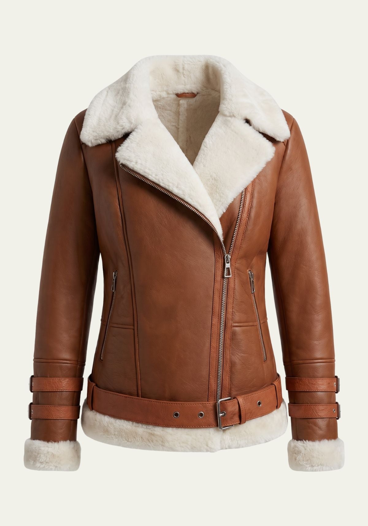 Cognacbraune Lammfelljacke mit Lammfellkragen und -manschetten, Vorderansicht