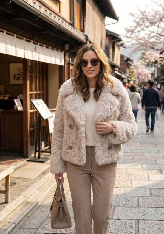 Curly Lammfelljacke für Damen in Creme-Beige, im Outfit fotografiert mit offenem Schnitt und weichem Fell.