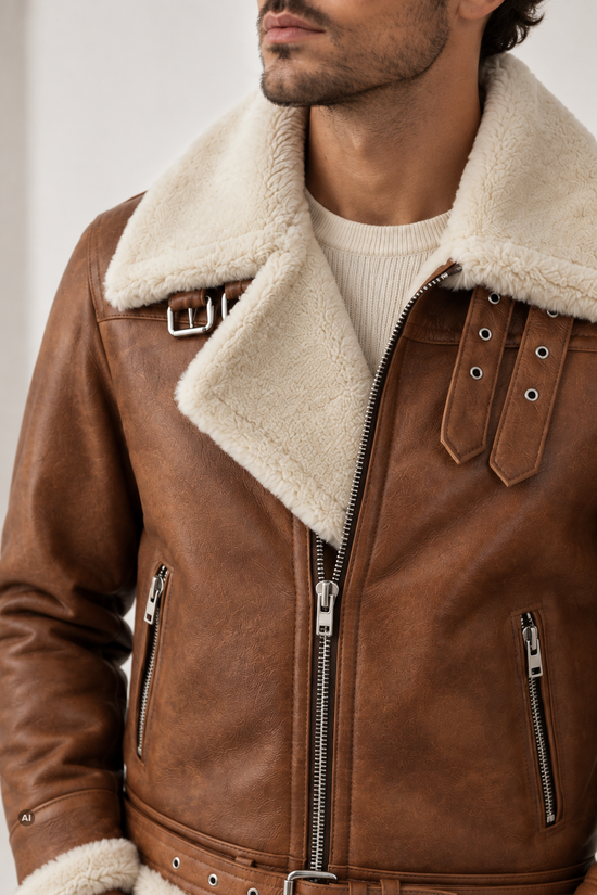 Lammfelljacke für Herren in Kastanie und Creme, als Detailaufnahme von Revers, Kragen und Verschluss.