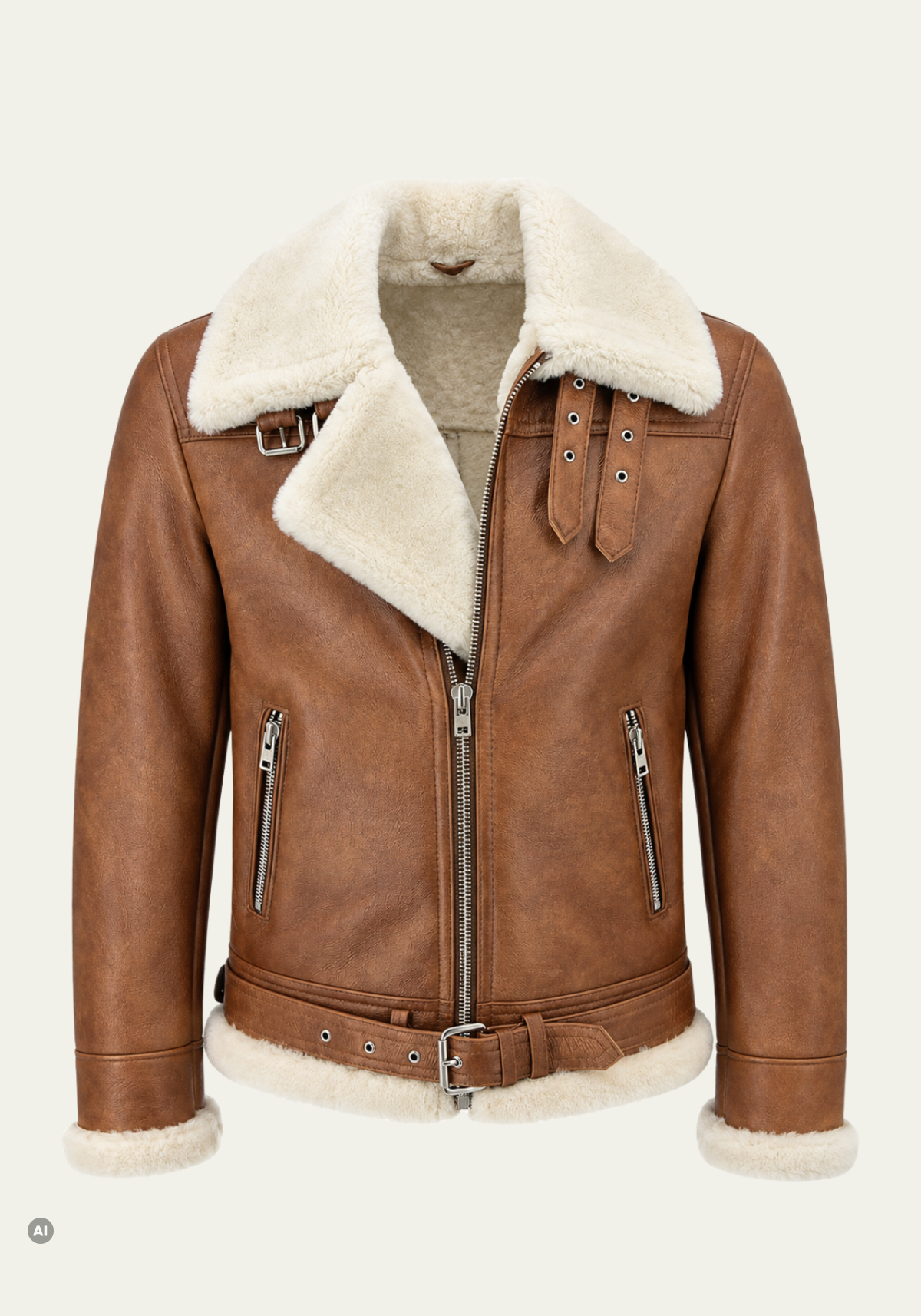 Lammfelljacke für Herren in Kastanie und Creme, als Frontansicht mit Schaffellkragen und Reißverschlüssen.