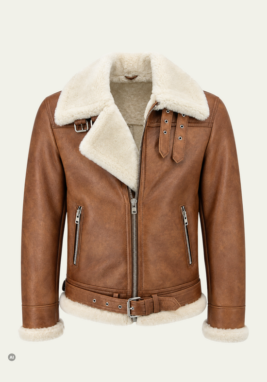 Lammfelljacke für Herren in Kastanie und Creme, als Frontansicht mit Schaffellkragen und Reißverschlüssen.