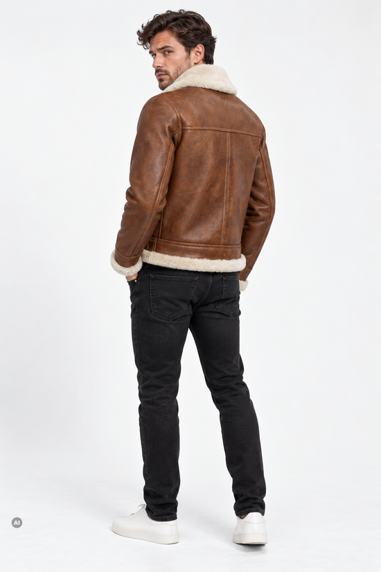 Lammfelljacke für Herren in Kastanie und Creme, von hinten am Model mit breitem Schaffellsaum.