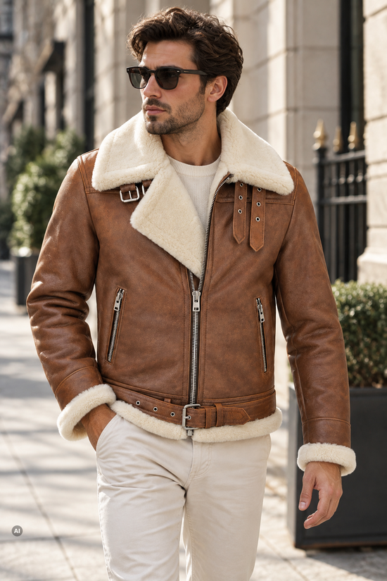 Lammfelljacke für Herren in Kastanie und Creme, als Tragebild im Stadtbild mit Sonnenbrille.