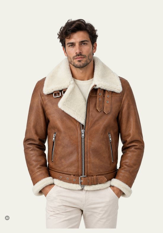 Lammfelljacke für Herren in Kastanie und Creme, am Model getragen mit hochgestelltem Kragen.