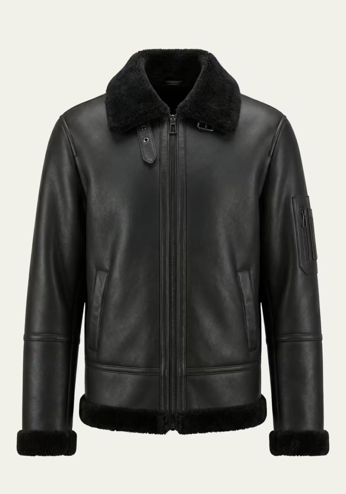 Schwarze Lammfelljacke für Herren in Frontansicht mit breitem Kragen und Reißverschluss.