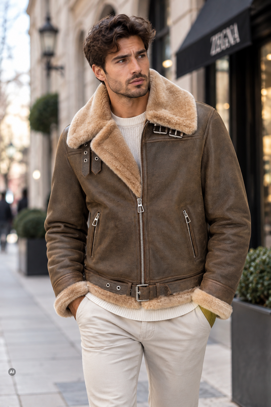 Lammfelljacke JAMES WALNUSS/CAPPUCCINO – Premium Herren Bomberjacke aus Merino Lammfell