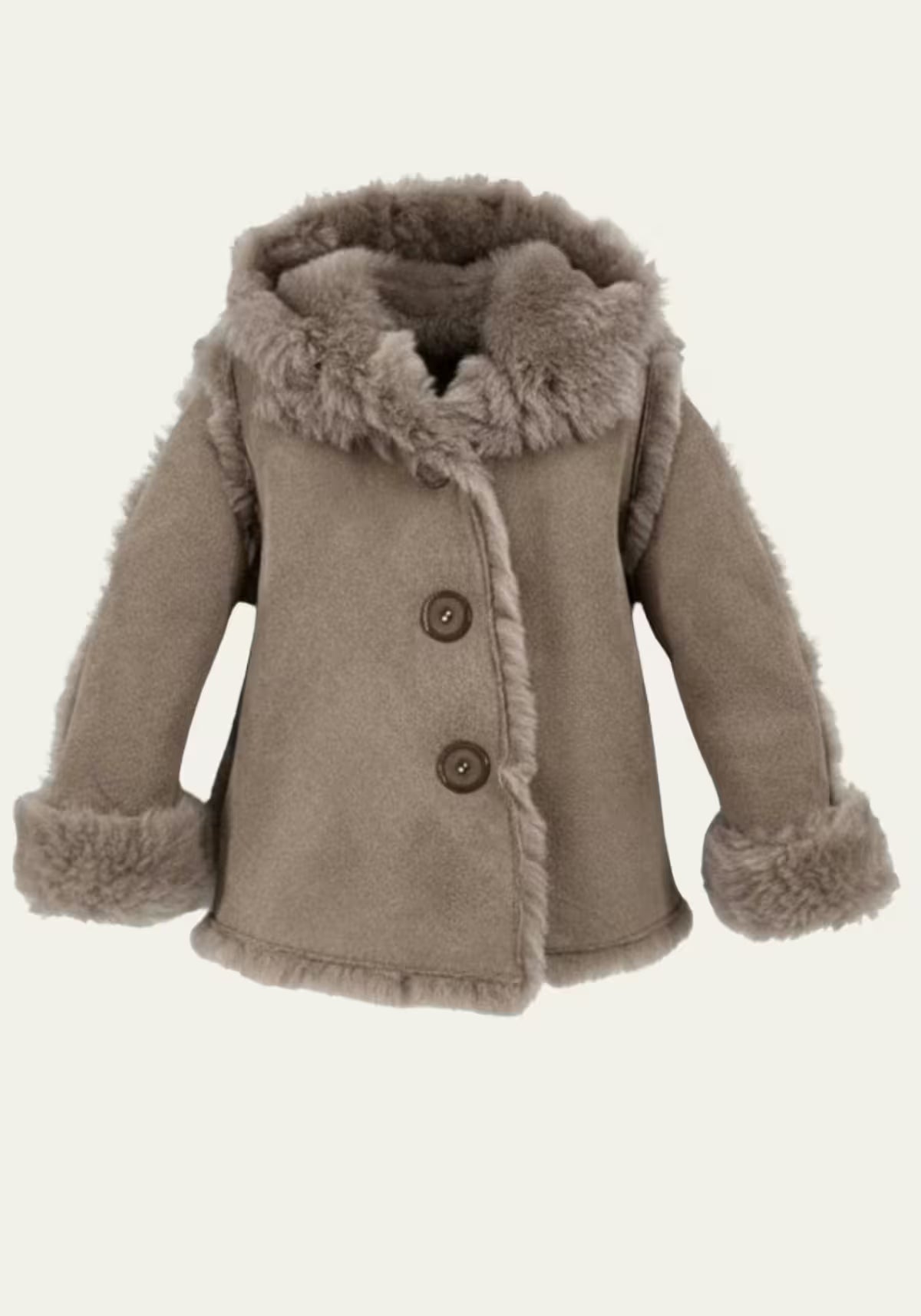 Freigestellte Lammfelljacke für Kinder in Beige mit Kapuze, Knopfleiste und Fellbesatz
