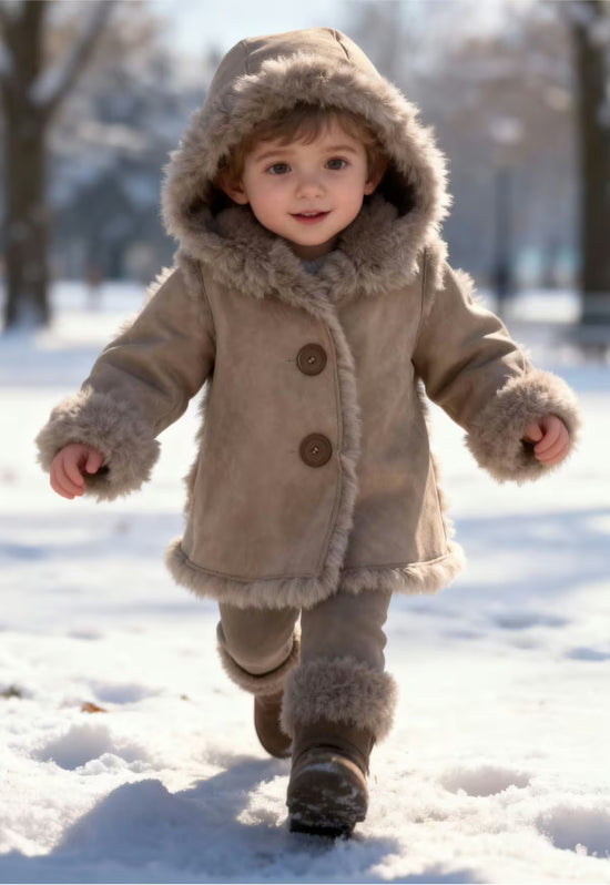 Kind trägt eine beige Lammfelljacke mit Kapuze und Fellbesatz beim Laufen im Schnee