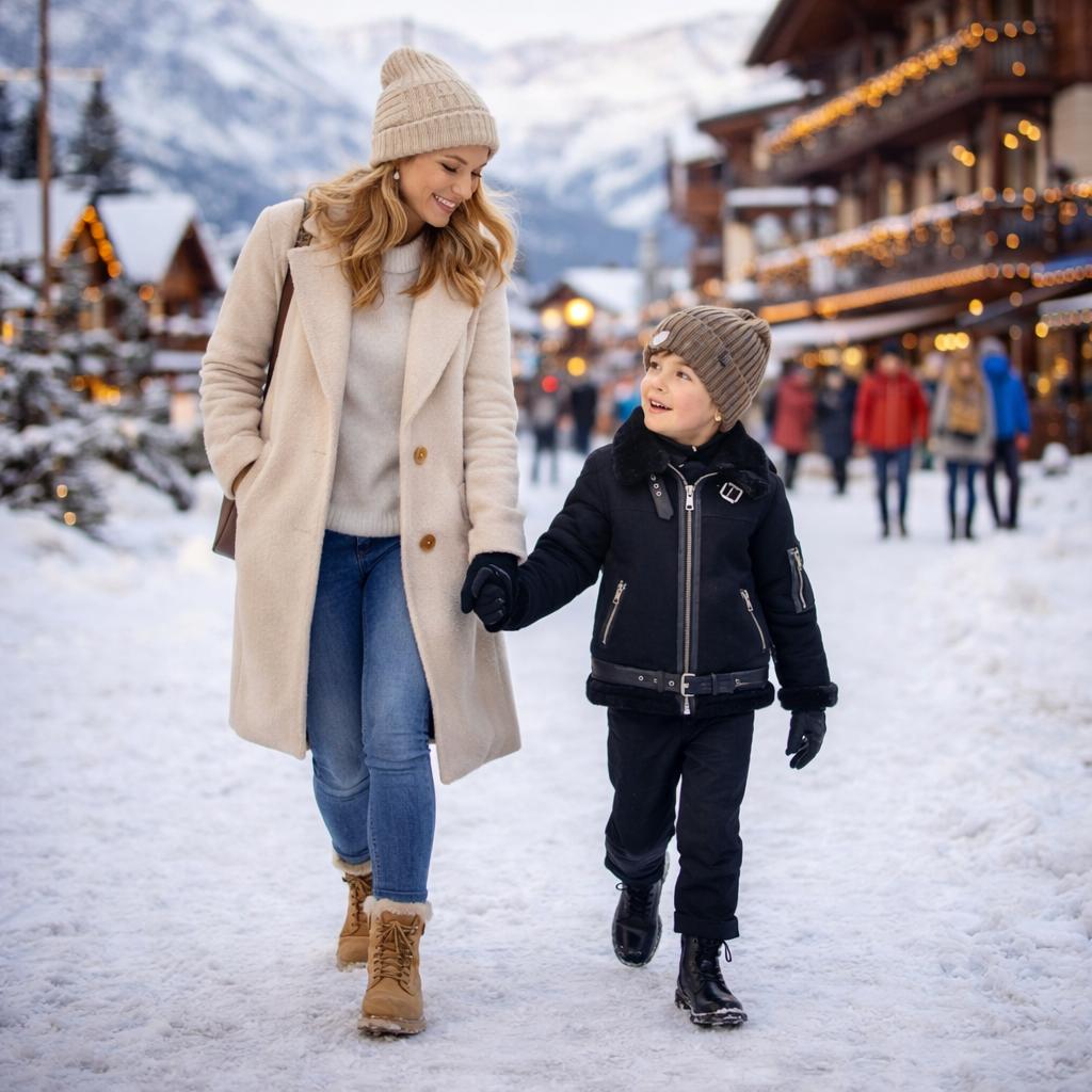 Kinder Lammfelljacke aus schwarzem Lammfell, draußen im Schnee zusammen mit einer Begleitperson getragen.
