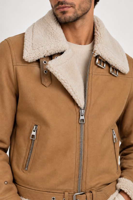 Detailansicht der beige Herren-Lammfelljacke aus gelocktem Lammfell mit Reißverschluss und Kragen