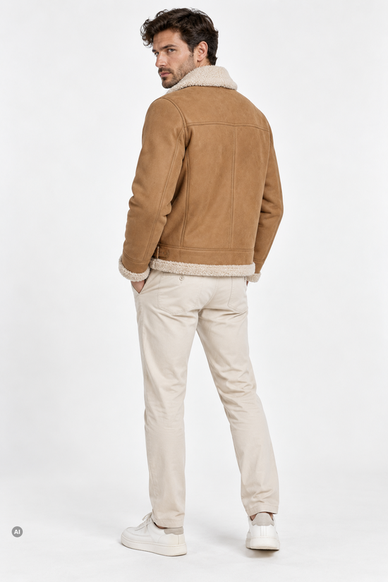 Rückansicht der beige Herren-Lammfelljacke aus gelocktem Lammfell mit geradem Schnitt und Saum