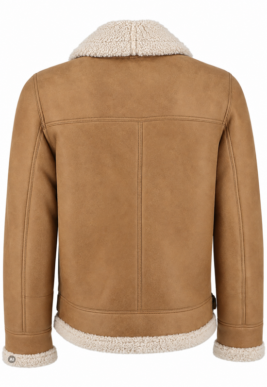 Rückenansicht der beige Herren-Lammfelljacke aus gelocktem Lammfell mit Passe und Ärmelabschlüssen