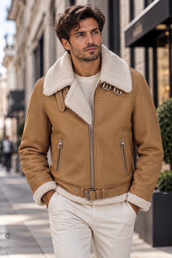 Beige Herren-Lammfelljacke aus gelocktem Lammfell in Outdoor-Ansicht mit Kragen und Fronttaschen